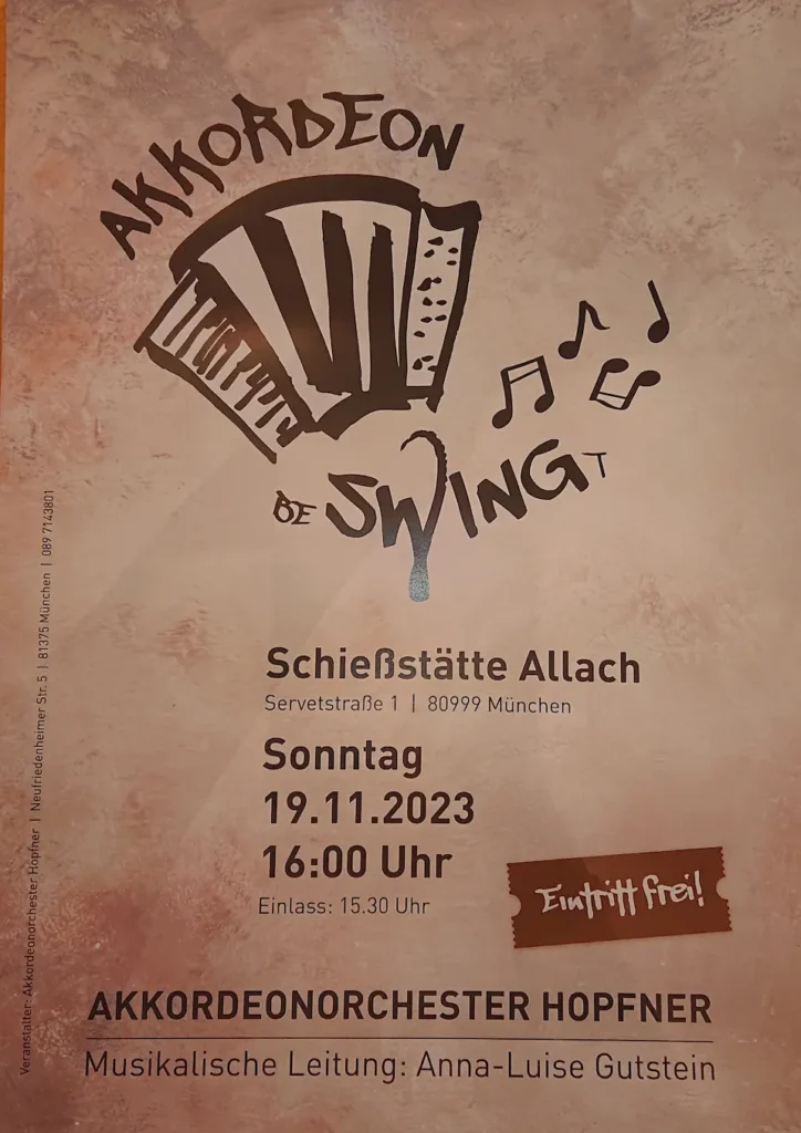 Plakat zum Konzert "Akkordeon be - swingt" am 19.11. um 16 Uhr in der Schießstätte Allach