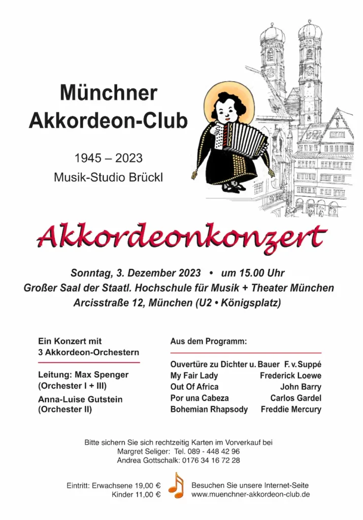 Plakat vom Münchner Akkordeon-Club "Akkordeonkonzert" am 03. Dezember 2023 um 15 Uhr in der Staatl. Hochschule für Musik in München
